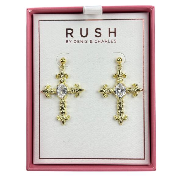 NWT RUSH Gold Cross Rhinestone Earrings - Picture 2 of 6